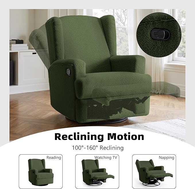 Boucle Swivel Glider Recliner Chairs Set of 2 for Adults - Plush High Back Rockers with Deep Seat, Coordinating Manual Recliners for Living Room, Luxury Upholstered Armchairs-Green