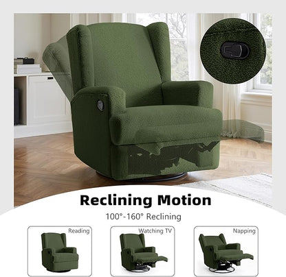 Boucle Swivel Glider Recliner Chair for Adults - Plush High Back Rocker with Deep Seat, Manual Reclining Upholstered Armchair for Living Room or Nursery, Textured Fabric Accent Chair-Green
