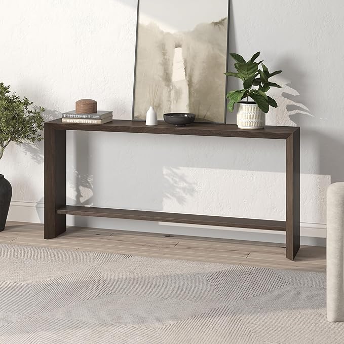 Henn&Hart 64'' Wooden Rectangular Console Table Entryway Table, Sofa Table with Wooden Storage Shelf for Entryway, Living Room, Couch, Hallway, or Office, Alder Brown