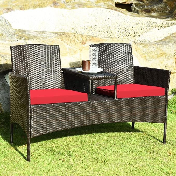 COSTWAY 2-Seat Patio Conversation Sets, Outdoor Patio Loveseat Set with Removable Cushions & Built-in Coffee Table for Backyard, Garden, Lawn, Balcony, Brown+Red
