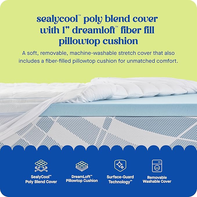 Sealy Dreamlife 3” Gel Memory Foam Queen Mattress Topper with 1” Quilted Cooling Cover, SealyComfort Gel Foam, SealyCool Poly Blend Cover