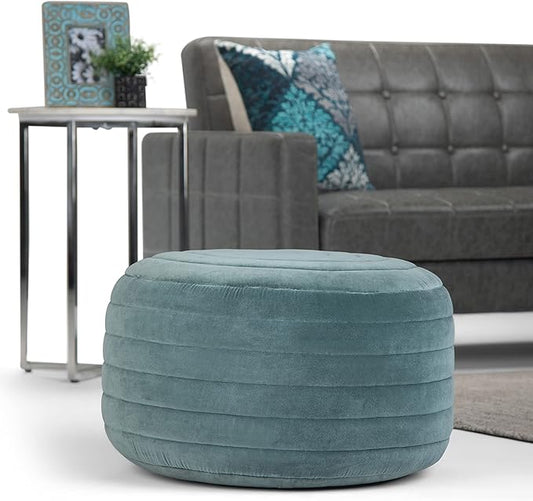 SIMPLIHOME Vivienne Boho Round Pouf in Turquoise Velvet Fabric for the Living Room, Bedroom and Kids Room