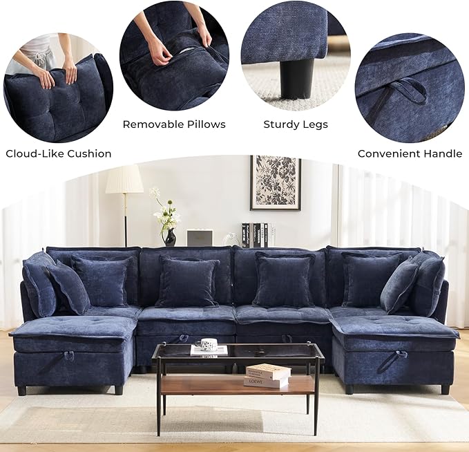 133'' Modular Sectional Sofa, Oversized U Shaped Couch with Storage Ottoman, Comfy Chenille Sofa with Deep Seat, 6 Seat Convertible Couches for Living Room, Blue