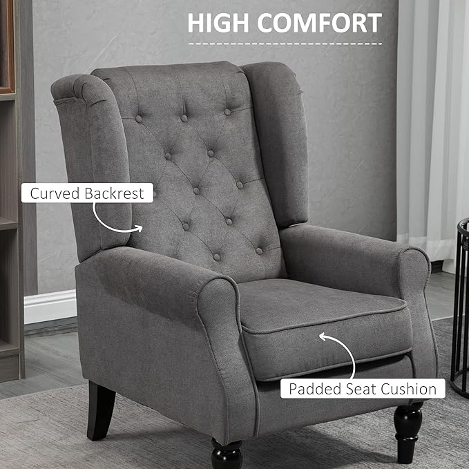 HOMCOM Mid-Century Modern Accent Chair, High Wingback Chair, Button-Tufted Upholstered Fabric Armchair with Retro Wood Legs for Living Room, Bedroom, Dark Gray