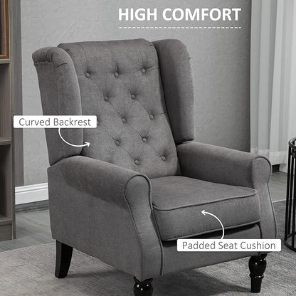 HOMCOM Mid-Century Modern Accent Chair, High Wingback Chair, Button-Tufted Upholstered Fabric Armchair with Retro Wood Legs for Living Room, Bedroom, Dark Gray
