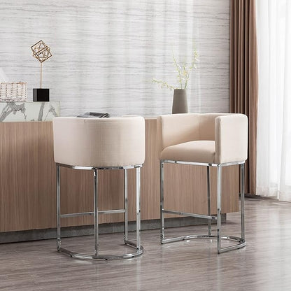 Contemporary Cream Linen Bar Stools Set of 2, 29" Upholstered Fabric Counter Height Barstools Kitchen Counter Island Stools with Screwed Together Chrome Finish Base