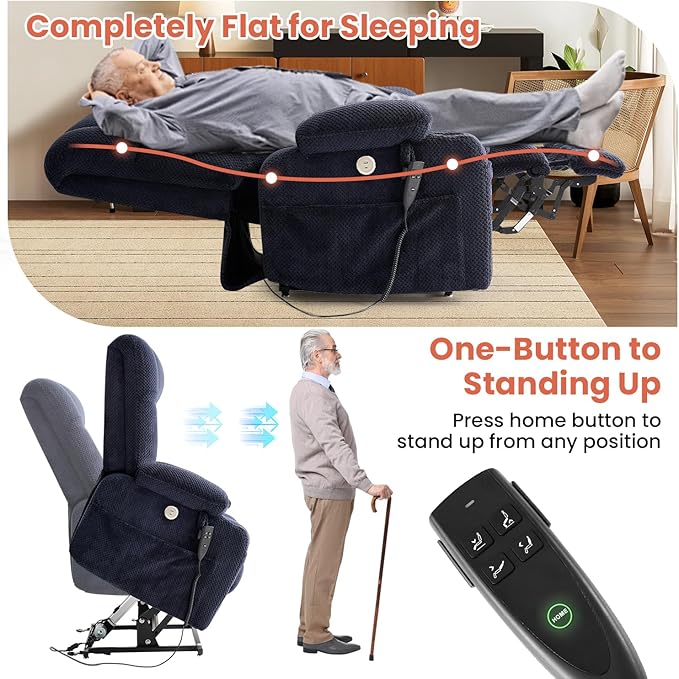 Power Lift Recliner Chair for Adults Oversized Infinite Position Lift Chair for Elderly W/Massage & Heat, Lay Flat Recliner Chair, One-Touch Reset, Cup Holders, Lumbar Pillow, Fabric (Premium, Navy)