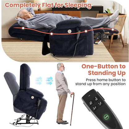 Power Lift Recliner Chair for Adults Oversized Infinite Position Lift Chair for Elderly W/Massage & Heat, Lay Flat Recliner Chair, One-Touch Reset, Cup Holders, Lumbar Pillow, Fabric (Premium, Navy)