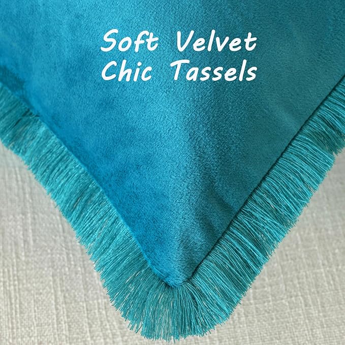 FUTEI Teal Velvet Decorative Throw Pillow Covers 20x20 Set of 2,Soft Cozy Edge with Tassels Cushion Case,Boho Modern Home Decor for Couch Bed Living Room