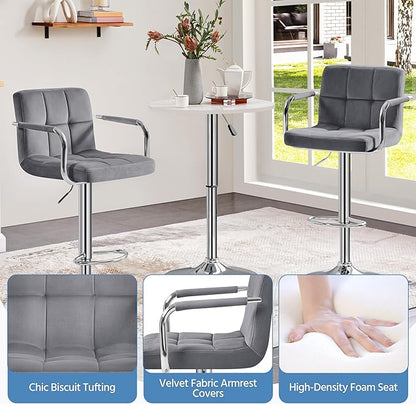 Yaheetech Counter Height Bar Stools Set of 2 Velvet Swivel BarStools for Kitchen Stool Height Adjustable Counter Stool Barstools with Armrest, Velvet, Grey