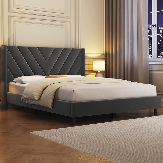 Yaheetech Queen Bed Frame Upholstered Platform Bed with Wing Side/Wooden Slat Support/Tufted Headboard with Wing Side/Mattress Foundation/No Box Spring Needed,Dark Gray Queen Bed