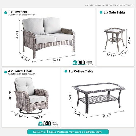 8 PCS Patio Outdoor Furniture Set with Swivel Rocking Chairs,All Weather Wicker Rattan Patio Seating Sofa and Chairs Set,Outdoor Conversaiton Sets for Deck Yard Prrch Garden Poolside,Grey