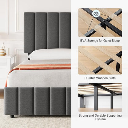 Garvee Queen Size Bed Frame with 4 Storage Drawers, Adjustable Height Headboard, Linen Upholstered Platform Bed Frame, No Box Spring Needed, Easy Assembly, Grey