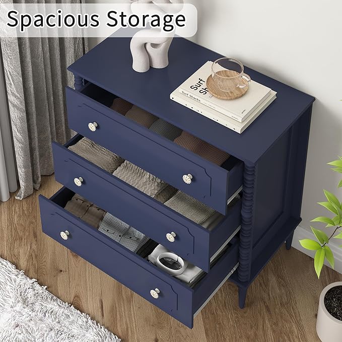 3 Drawer Dresser, 32 inch Wide Dresser for Bedroom, Modern Wood Chest of Drawers, Turned Legs Nightstand with 3 Drawers for Dorms, Hallway, Entryway (Blue)