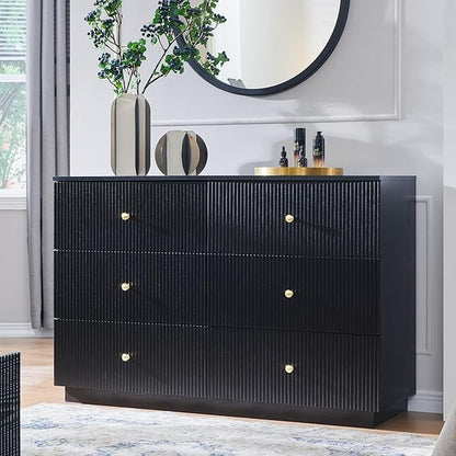 Fluted Dresser for Bedroom, 47" Black 6 Drawer Dressers, Wood Tall Dresser Storage Organizer, Modern Chest of Drawers with Deep Storage for Closet Hallway, Entryway, Living Room, Black