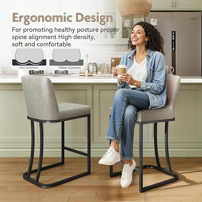 MAISON ARTS Counter Height Bar Stools with Back Set of 2 for Kitchen Counter, 24 Inch Modern Upholstered Faux Leather Barstools Farmhouse Bar Chairs Luxury Island Stools Support 330LBS, Light Grey