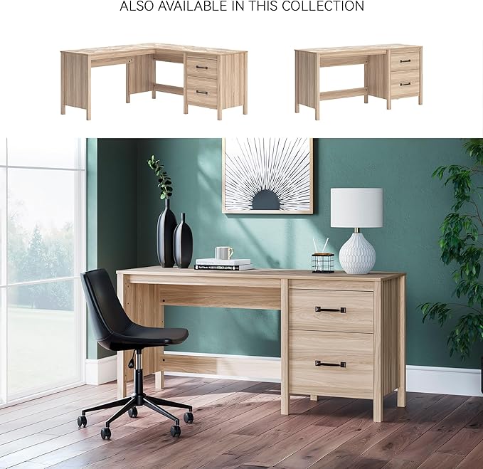 Signature Design by Ashley Battelle Casual 60" Home Office Desk with 1 Drawer and Cabinet Door, Light Brown