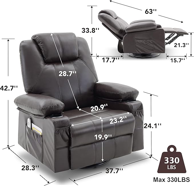 Oversized Swivel Rocker Recliner Sofa Chair with Heat and Massage, 360 Degree Swivel Single Sofa with Cup Holders and USB Port, Big Recliner Chair for Living Room(Leather, Chocolate Brown)