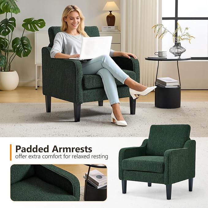VINGLI Accent Chair for Living Room Chairs Reading Chair for Bedroom Chair Scooped Arm Chair Mid Century Modern Accent Chairs Upholstered Comfy Chair for Apartment, Waiting Room (1, Dark Green)