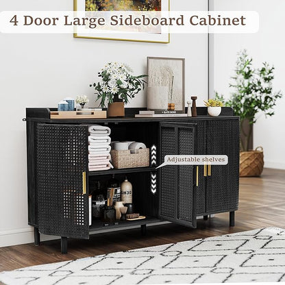 ORRD 4 Doors Storage Cabinet, 2 Tier Wooden Storage Organizer Cabinet with Adjustable Shelf, Sideboard Buffet Cabinets with Iron Curved Doors Accent Shoe Rack for Entryway Hallway Living Room (Black)