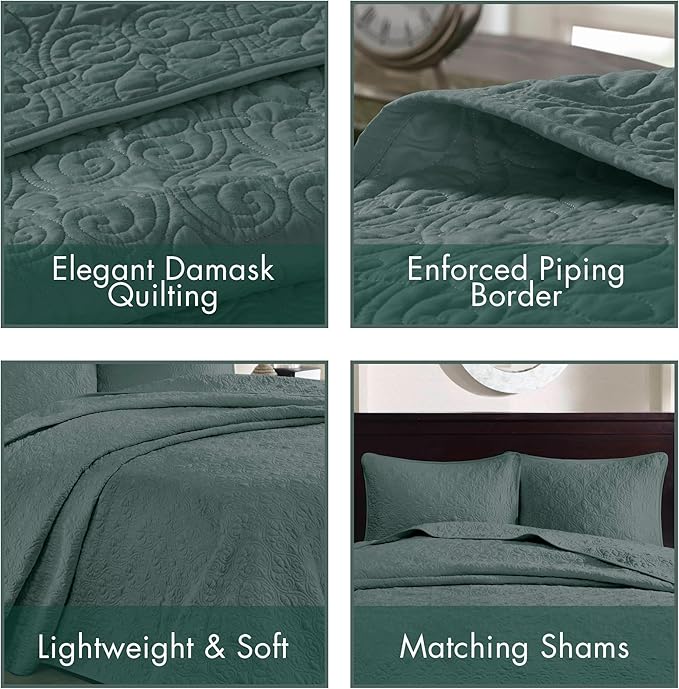 Madison Park Bedspread Set Reversible Damask Quilted Oversized Coverlet, Cotton-Filled Quilts Queen Oversized, All Season, Lofty & Warm Bedspread, Quebec, Queen Balsam Green 3 Piece