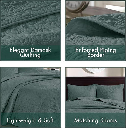 Madison Park Bedspread Set Reversible Damask Quilted Oversized Coverlet, Cotton-Filled Quilts Queen Oversized, All Season, Lofty & Warm Bedspread, Quebec, Queen Balsam Green 3 Piece