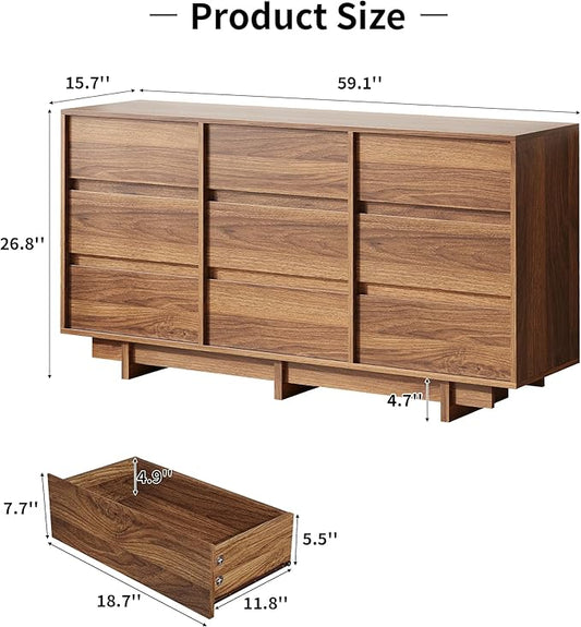 Walnut Dresser for Bedroom, 59" Wide 9 Drawer Dresser, Mid Century Modern Dressers Chest of Drawers, Wooden Large Dressers for Bedroom, Closet
