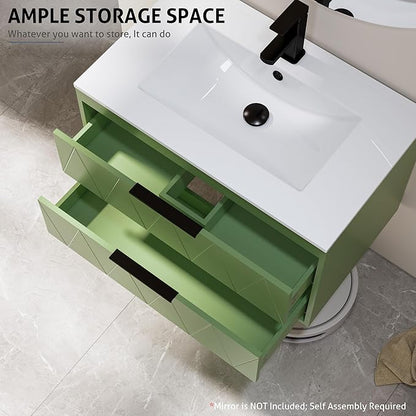 eclife 30" Bathroom Vanities Cabinet with Sink Combo, Wall Mounted Floating Cabinet W/Decor Line, Soft-Close System, 2 Extra Big Drawers, Matte Black Faucet, Matcha Green