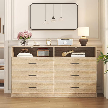 Bigbiglife 6 Drawers Dresser for Bedroom Wooden Drawer with Open Storage Cubby, Double Wide Dresser Organizer for Bedroom, Living Room, Entryway, Hallway (Light Oak)