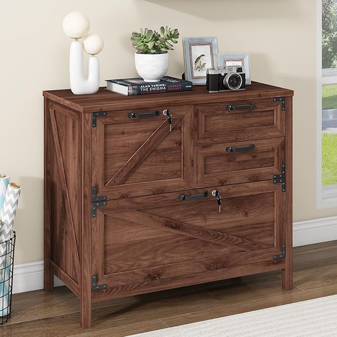 Lateral File Cabinet with 4 Drawers, Farmhouse File Cabinet for Letter/Legal/A4 Size Hanging Files, Large Wood File Storage Cabinets Printer Stand for Home Office Cabinets, Brown with Lock