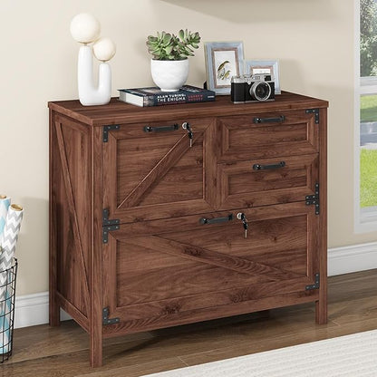 Lateral File Cabinet with 4 Drawers, Farmhouse File Cabinet for Letter/Legal/A4 Size Hanging Files, Large Wood File Storage Cabinets Printer Stand for Home Office Cabinets, Brown with Lock