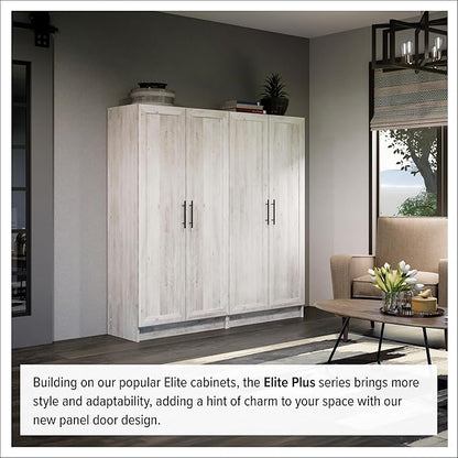 Prepac Elite Storage Accent Cabinet with Panel Doors, Rustic White Cupboard, Bathroom Cabinet, Pantry Storage with 3 Shelves 16.75" D x 32" W x 65" H