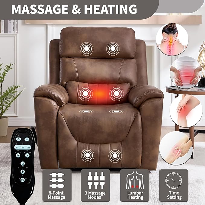 Power Lift Recliner Chair for Elderly People, Dual Motor Lay Flat Recliner with Vibration Massage and Heat, Heavy Duty Motion Mechanism Standing Assistance Reclining Chair, Faux Leather Brown