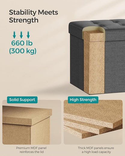 SONGMICS Storage Ottoman, Foldable Small Ottoman Foot Rest, 15 Inches Foot Stool, Cube Ottoman with Storage, Load up to 660 lb, for Living Room, Bedroom, Dorm, Dark Gray ULSF27Z