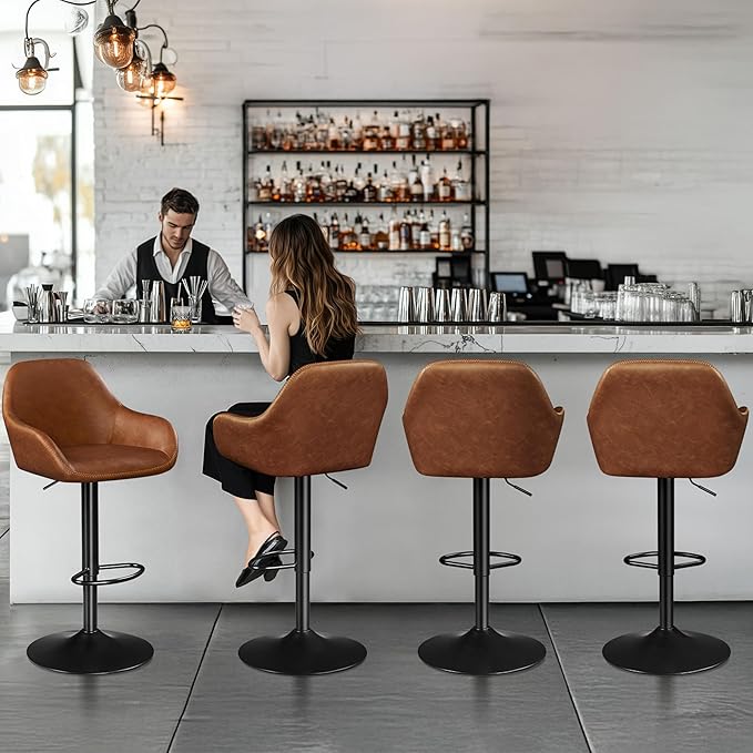 Yaheetech Bar Stools Set of 4, PU Leather Swivel Counter Height Barstools, Adjustable Bar Chairs with Backrest and Footrest, Kitchen Island Stool for Home Kitchen, Retro Brown