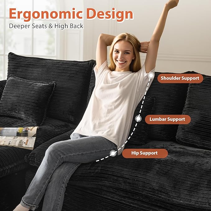 113 in Oversized Cloud Sofa with L Shape Chaise, Sectional Couches for Living Room, Assembly Free Modular Comfy Corduroy Sofa with Left Facing Chaise Longue for Home Apartment (Left Chaise, Black)