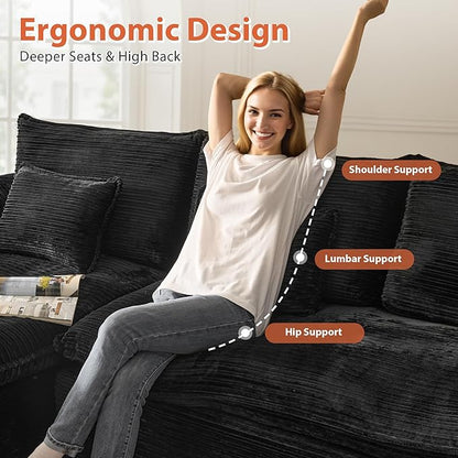 113 in Oversized Cloud Sofa with L Shape Chaise, Sectional Couches for Living Room, Assembly Free Modular Comfy Corduroy Sofa with Left Facing Chaise Longue for Home Apartment (Left Chaise, Black)