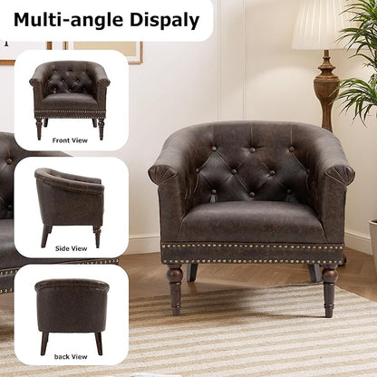 Lumibee Faux Leather Barrel Chair, Upholstered Accent Chair for Living Room, Modern Comfy Club Armchair for Office, Bedroom, Waiting Room-Chocolate