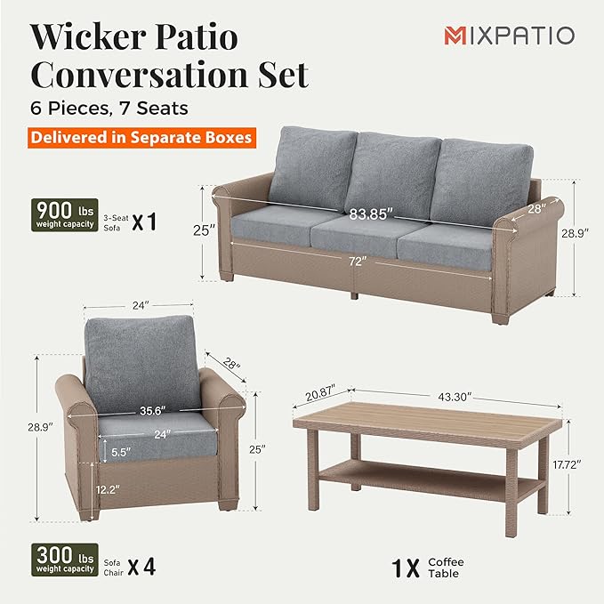 Patio Furniture Set 6 pcs, Wicker Outdoor Patio Furniture, 3-Seat Sofa, 4 Single Chairs and 56" Gas Fire Pit Table, Rattan Patio Conversation Set for Backyard Deck, Grey