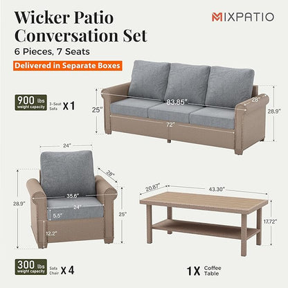 Patio Furniture Set 6 pcs, Wicker Outdoor Patio Furniture, 3-Seat Sofa, 4 Single Chairs and 56" Gas Fire Pit Table, Rattan Patio Conversation Set for Backyard Deck, Grey