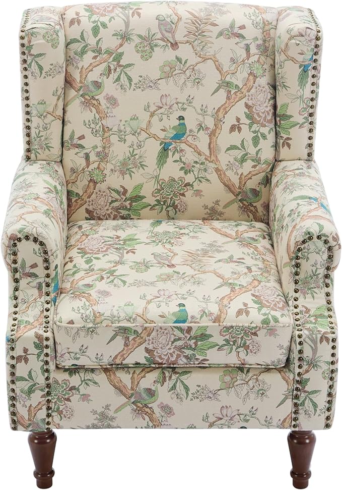 Pia Ricco Set of 2 Floral Accent Chairs, High Back Upholstered Armchairs with Retro Wingback Design, Nailhead Trim & Solid Wood Legs for Living Room Bedroom(Bird Pattern)