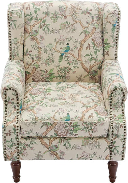 Pia Ricco Set of 2 Floral Accent Chairs, High Back Upholstered Armchairs with Retro Wingback Design, Nailhead Trim & Solid Wood Legs for Living Room Bedroom(Bird Pattern)