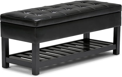 SIMPLIHOME Cosmopolitan 44 inch Wide Transitional Rectangle Storage Ottoman Bench with Open Bottom in Midnight Black Vegan Faux Leather, Assembled for the Living Room and Bedroom