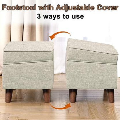 Foot Rest with Adjustable Cover, 18" Storage Ottoman Dorm, Footstool and Sitting Stool, Ottoman Foot Stools for Living Room, Bedroom, Dorm, Beige