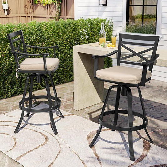 Pellebant 30" Sunbrella Outdoor Bar Stools Set of 2, Aluminum Swivel Patio Bar Height Bar Stools with Back & Footrest, Tall Patio Stool Chairs for Deck Lawn Garden,Beige