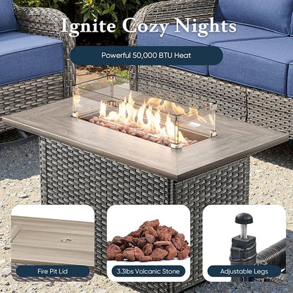 Belord Luxury 6" Thick Cushioned 10 Pieces Patio Furniture Set with Fire Pit Table, Wicker Outdoor Conversation Set with High Back Swivel Rocker Chairs for Deck Porch Yard and Poolside - Grey+Beige