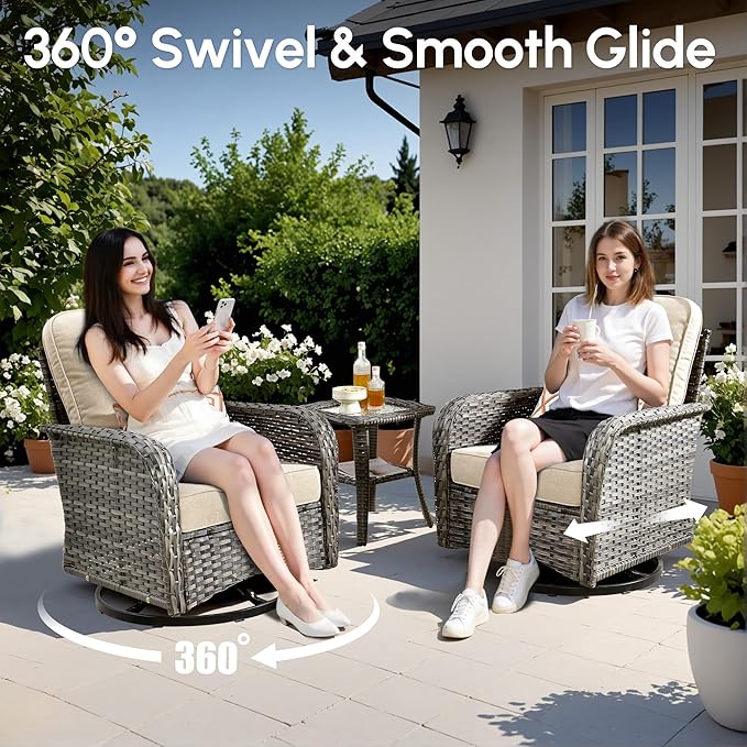 7 PCS Patio Outdoor Furniture Set with Swivel Rocking Chairs,All Weather Wicker Rattan Patio Seating Sofa and Chairs Set,Outdoor Conversaiton Sets for Deck Yard Prrch Garden Poolside,Beige