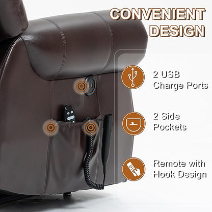 Luxlen Power Lift Recliner Chair for Elderly, Dual Motor Massage Recliner with Lumbar Heat, Heavy Duty Motion Mechanism Lift Chair with Charge Ports, Faux Leather - Antique Brown