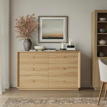 Mid Century Modern Dresser, 6 Drawer Dresser with Storage, 47" Wide Chest of Drawers with Wood Grain Texture, Drawers Organizer for Bedroom, Living Room, Hallway, Gold Oak