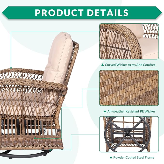 VIVIJASON 7-Piece Outdoor Patio Wicker Conversation Sets, All Weather Outdoor Rattan Furniture Set Includes Glider Loveseat, 2 Rocking Chairs, 2 Swivel-Gliders Chairs, 2 Coffee Table, Light Brown